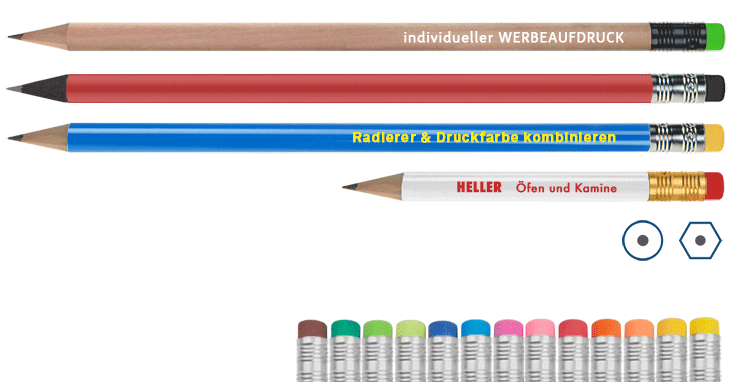 unterschiedliche Bleistifte mit Radiergummi, lang und kurz, verschiedene Hülsen und Radiererfarben