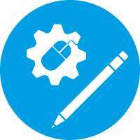 Icon mit Zahnrad, Computermaus und Bleistift