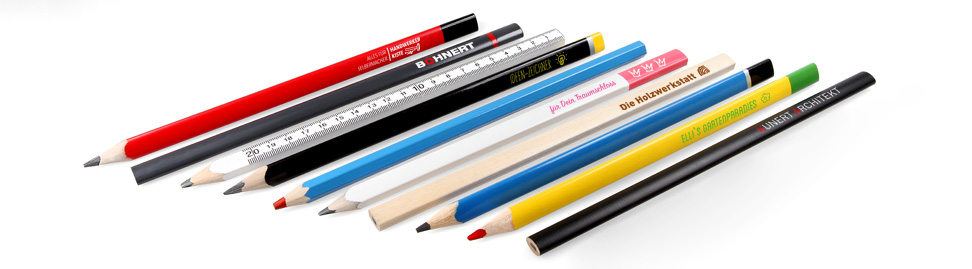 overview of custom-made carpenter pencils, pencil with lacquered rings and caps