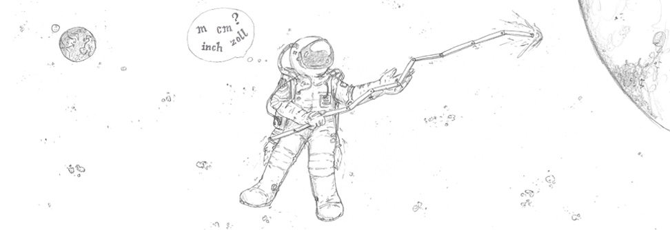 Illustration eines Astronauten mit Zollstock, der die Entfernung zum Planeten misst.