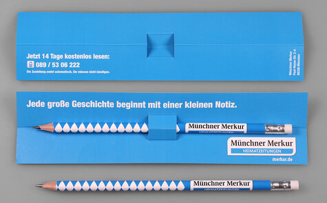 blue plug-in card with pencil printed in foil transfer printing