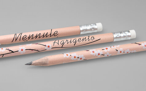 round natural pencil with eraser and multicolored printing motif