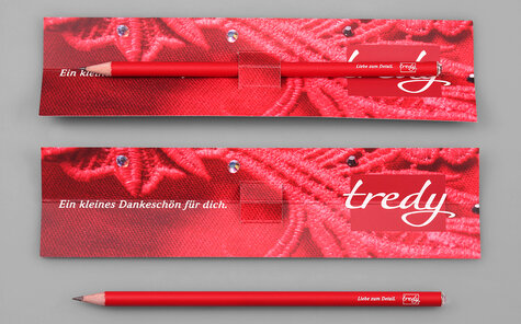 red plug-in card with natural crystal pencil, white imprint