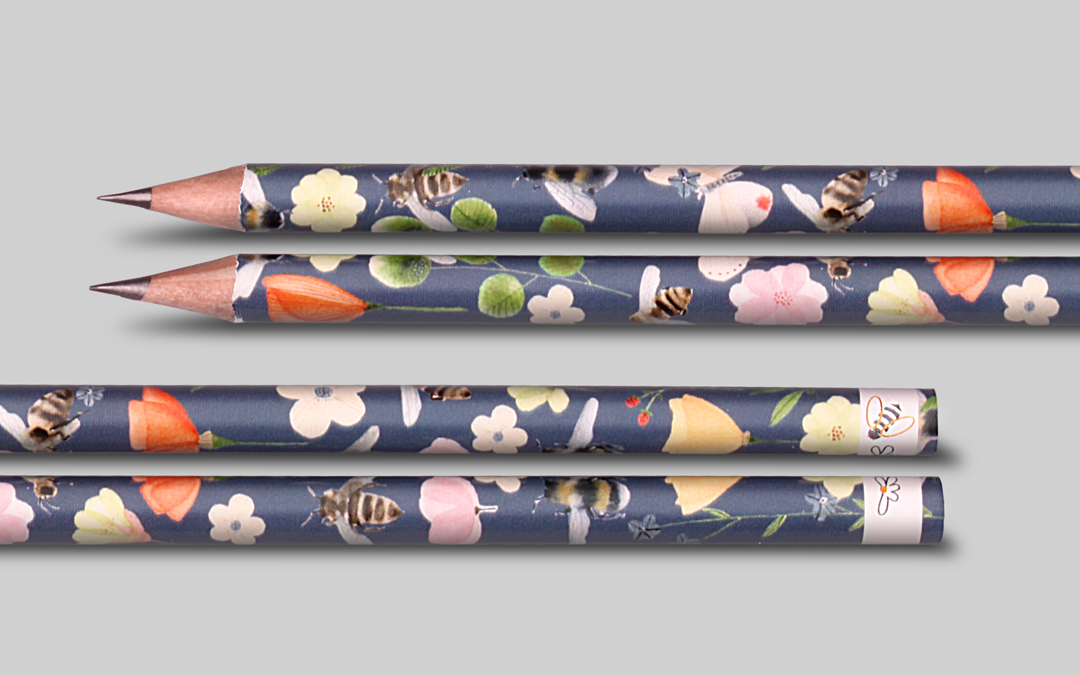 Foil transfer printing with flower motif and bees