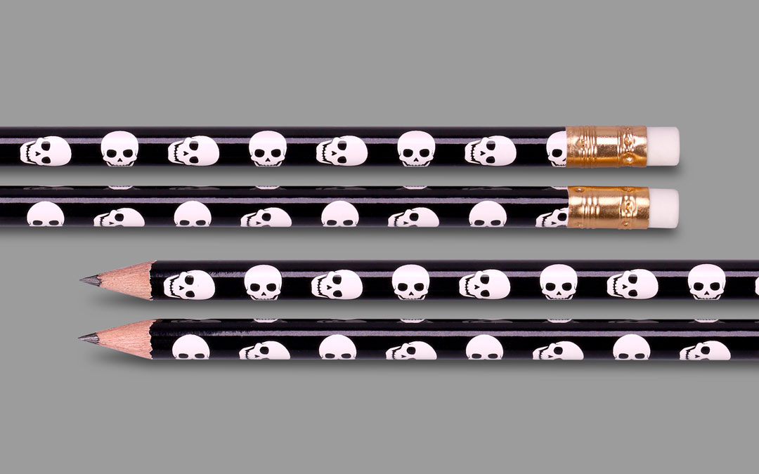 Foil transfer printing with skulls, golden ferrule, white eraser