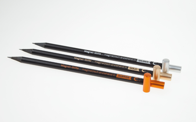 magnet-pencils with imprint and colored metal caps in silver, gold and copper