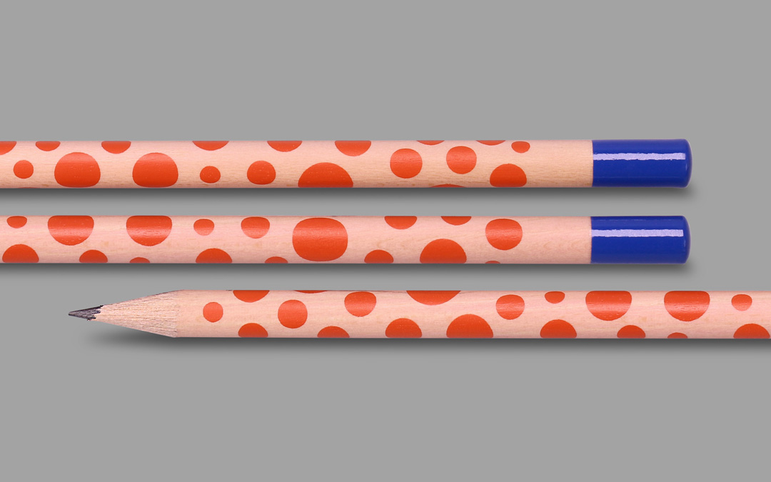 Natural pencil with long red screen printing and blue lacquered cap