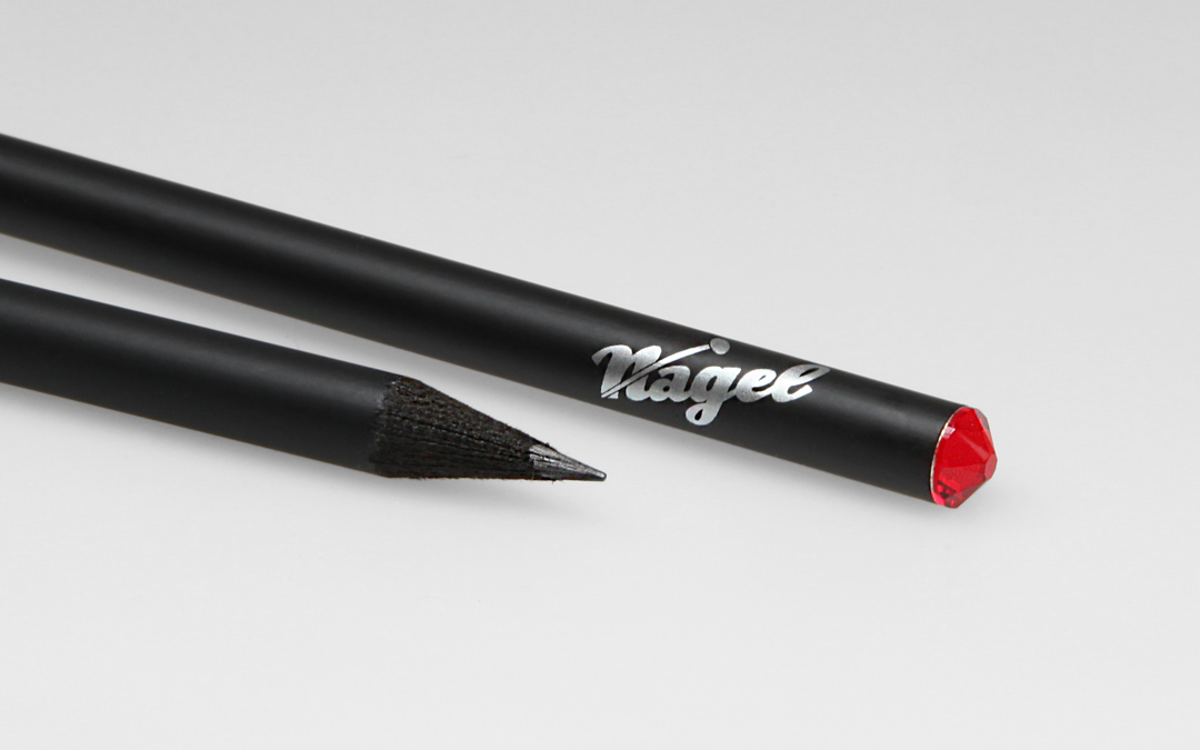 crystal pencil with red crystal and silver imprint