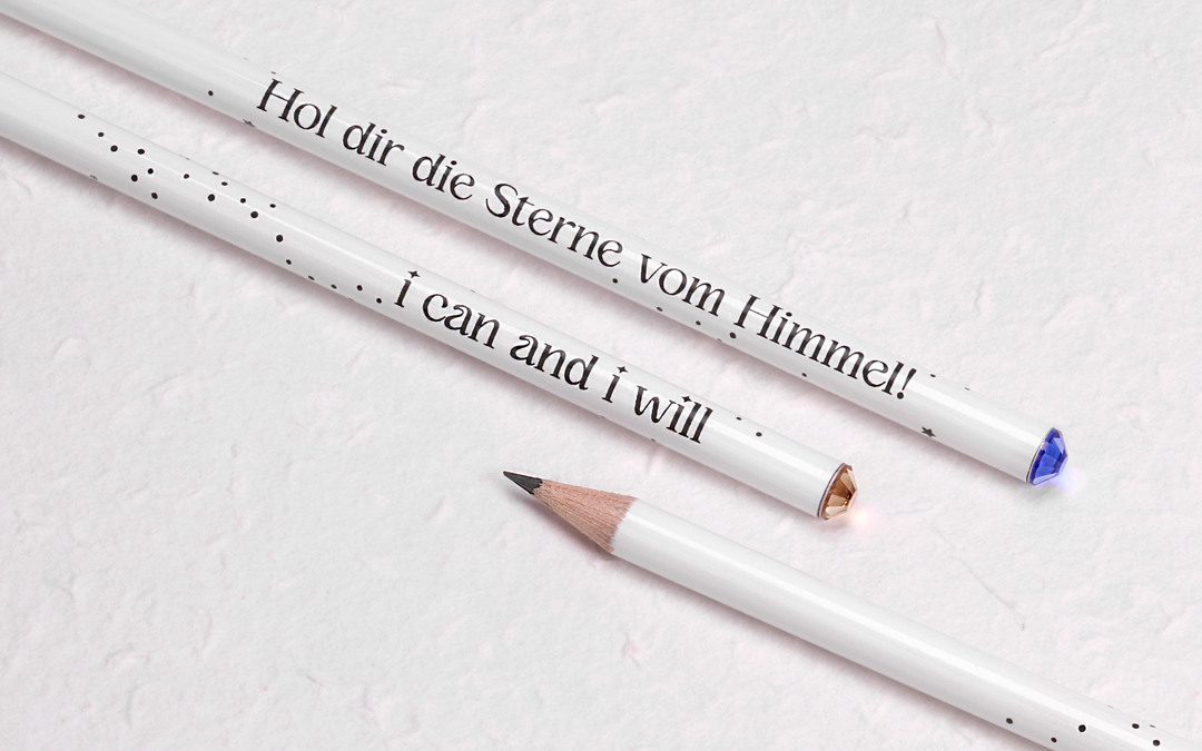 Crystal pencil, natural wood, white lacquered, with black printing motif