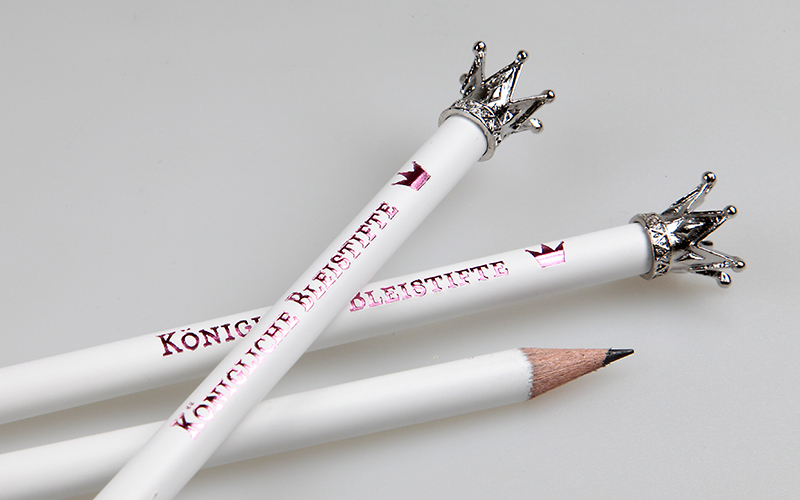 metallic ping foil stamping on pencil with silver crown