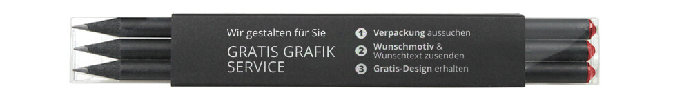 Klarsichtfaltschachten mit 3 schwarz durchgefärbten Stiften und bedrucktem Karton