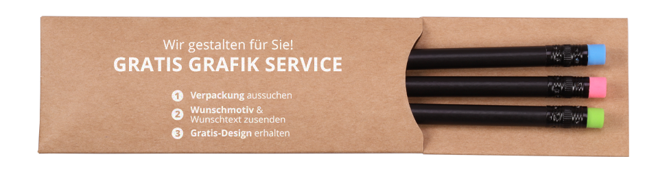 Gratis Grafik Service von Reidinger | Reidinger.de bedrucktes Stecketui mit drei Bleistifte mit farbigen Radiergummis