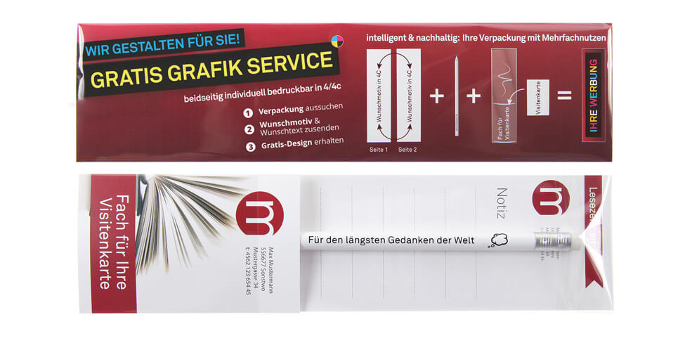Gratis Grafik Service von Reidinger | Reidinger.de bedruckte Lesezeichenverpackung mit Hinweis auf den Gratis Grafik Service