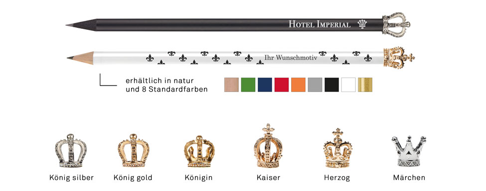 schwarz matt lackierte Kronenbleistifte, weiß lackierter Kronenbleistift und Auswahl an 6 Kronen