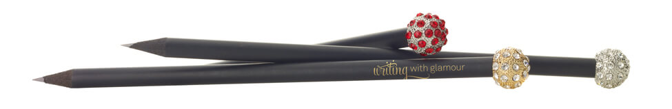 bedruckte schwarz gefärbte Bleistifte mit metallener Kugel und Kristallen am Stiftende