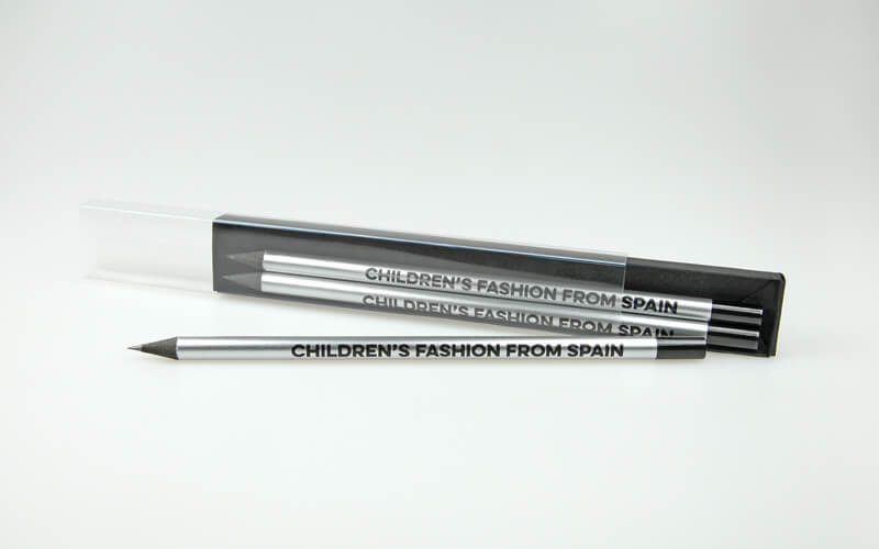 silver lacquered, black imprinted pencils in sliding box