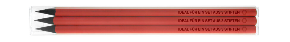 Klarsichtfaltschachten mit 3 schwarz durchgefärbten Stiften, rot lackiert