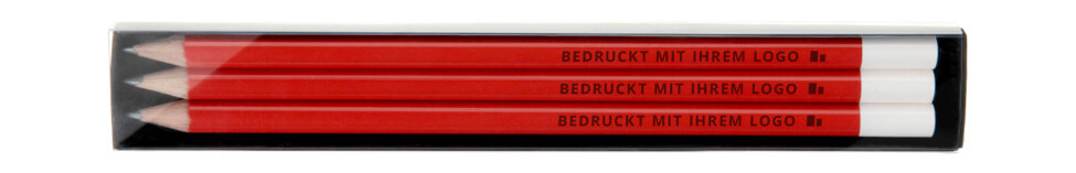 Schiebeetui mit 3 rot lackierten Stiften mit weißer Tauchkappe