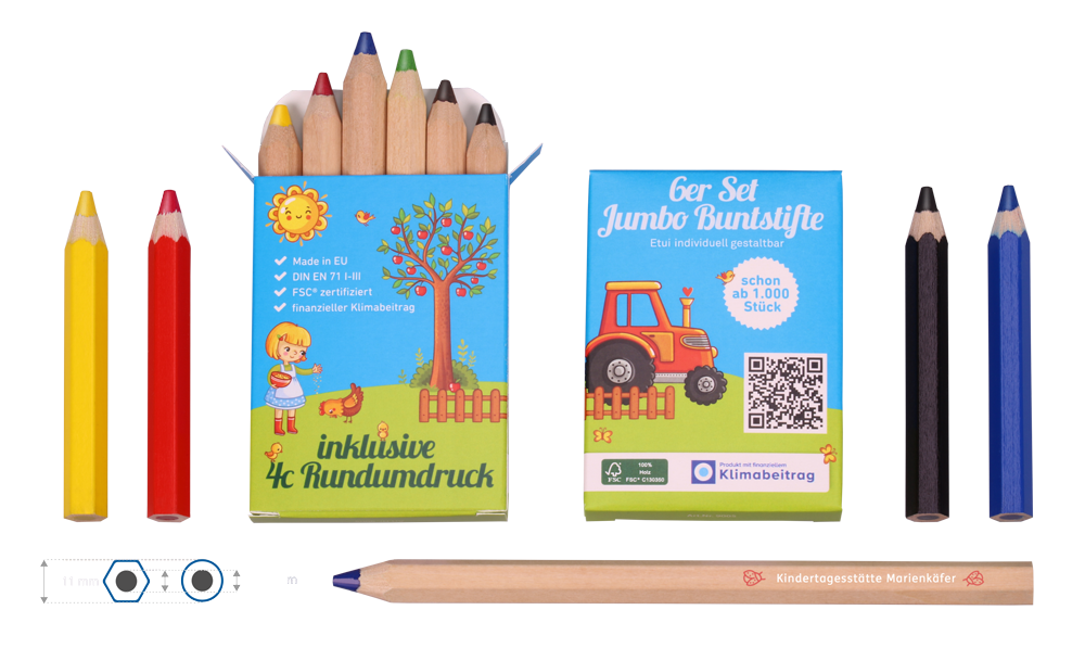 Jumbo Buntstifte als Werbeartikel – mit individuell bedrucktem Etuis | Reidinger.de Jumbo Buntstifte Etuis, rundum bedruckt, mit 6eckigen lackierten und unlackierten Jumbo Buntstiften
