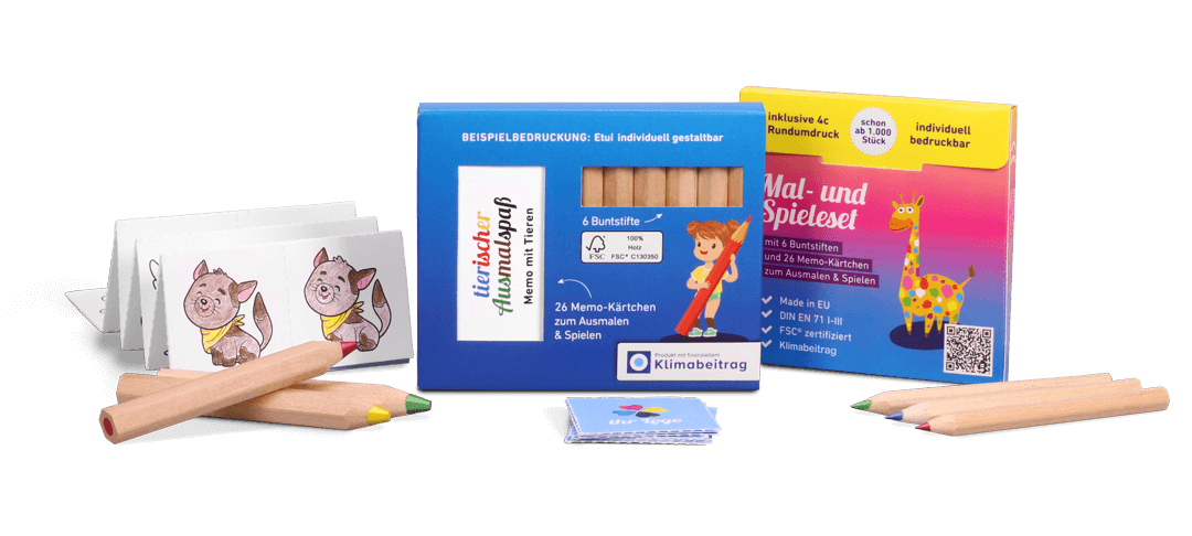 Mal- und Spieleset Memo mit individuellem Druck | Reidinger.de Buntstifte Memo Sets in Jumbo und Standard, mit rundum bedrucktem Etui