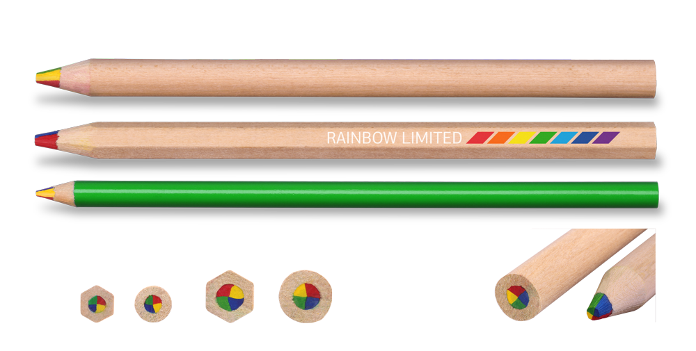 Regenbogenstifte als Werbeartikel | Reidinger.de Standard Regenbogenstifte und Jumbo Regenbogenstifte mit individuellem Druck