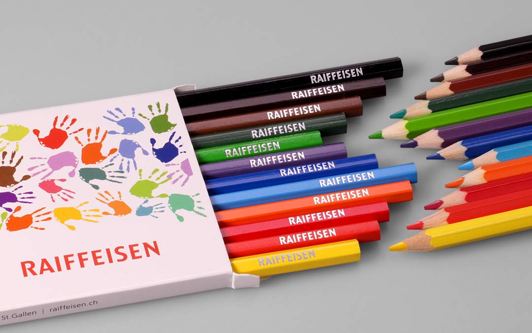 long hexagonal colored pencils, lacquered, with silver stamping