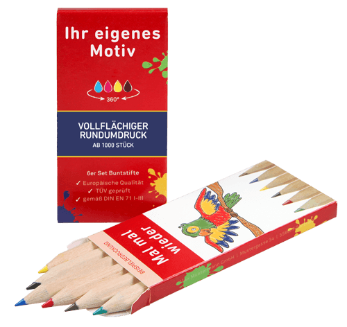 6er Set kurze Buntstifte mit Beispieldruck auf dem Etui