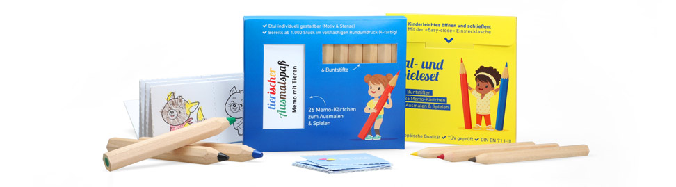 Colored pencil memo set, normal and Jumbo, with six colored pencils for each set and 26 memo cards for coloring
