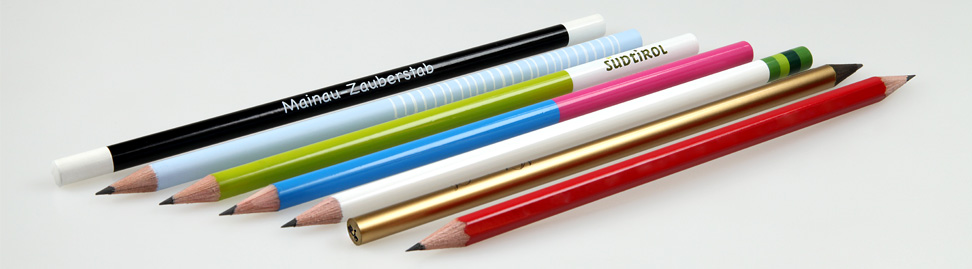 overview of custom-made pencils, pencil with lacquered rings and caps, special colors and sharpening