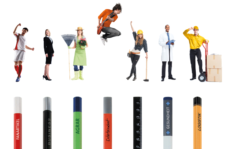 Beispielabbildungen von verschiedenen Druckmotiven und verschiedenen Farbkombinationen der Riesen-Bleistifte