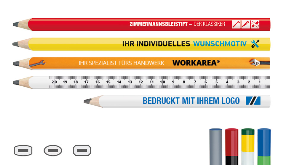 Beispielabbildungen von verschiedenen Druckmotiven und verschiedenen Farbkombinationen der Zimmermanns-Bleistifte