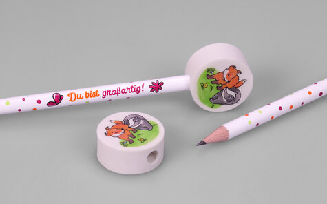 round eraser pencil topper with animal motif, white lacquered pencil with multicolored screen printing