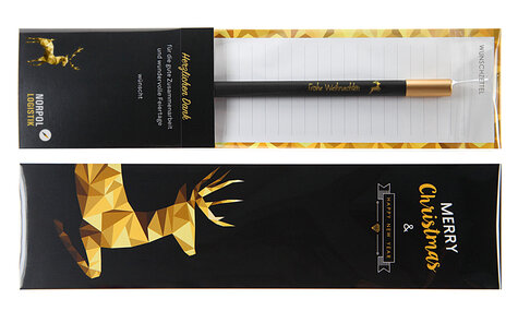 bookmark packaging with Christmas motif, business card and elegant black pencil