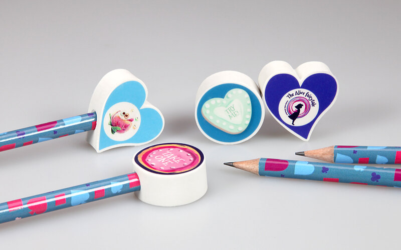 Eraser pencil topper on pencils with foil transfer