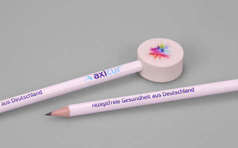 round eraser pencil topper with colorful motif on white lacquered pencil