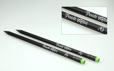 black colored pencils with green eraser and white imprint
