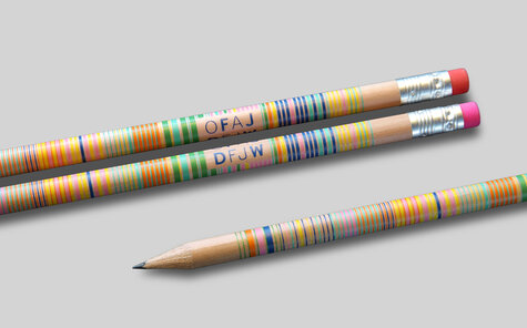 natural pencil with multicolored imprint and colored erasers