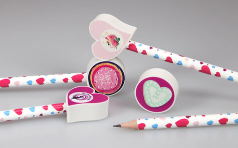 imprinted eraser pencil toppers on pencils imprinted with hearts