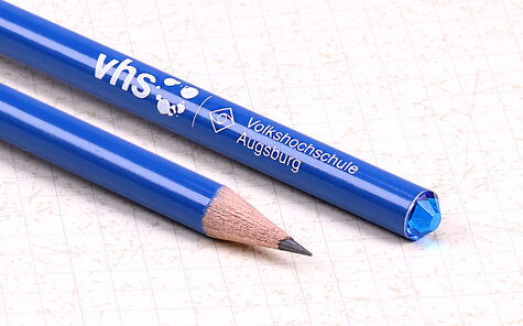 natural crystal pencil, blue lacquered, with blue crystal and white imprint