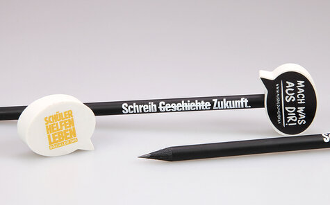 black colored pencil with speech bubble eraser pencil top