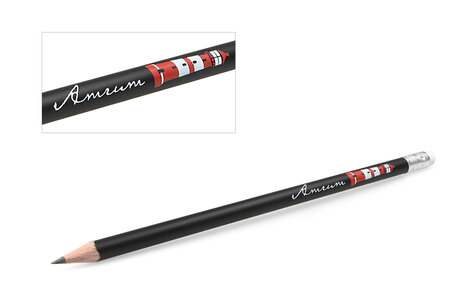 runder Bleistift mit Radiergummi, schwarz matt lackiert, zweifarbiger Druck