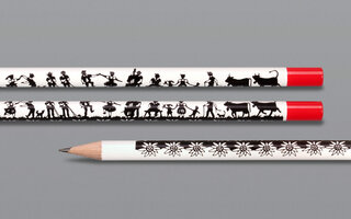 weiß lackierte Bleistifte mit Rundumbedruckung und farbiger Tauchkappe