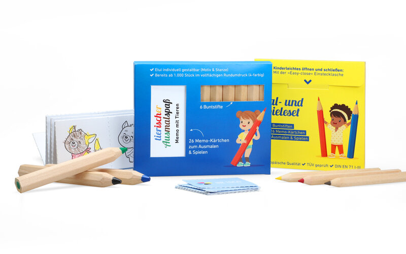 Buntstift Sets mit Buntstiften und Memo-Kärtchen zum ausmalen und spielen
