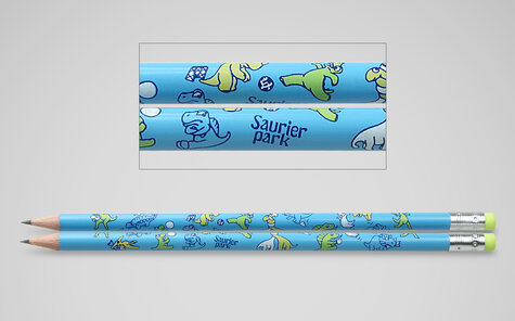 blue lacquered pencil with green eraser and all-round print
