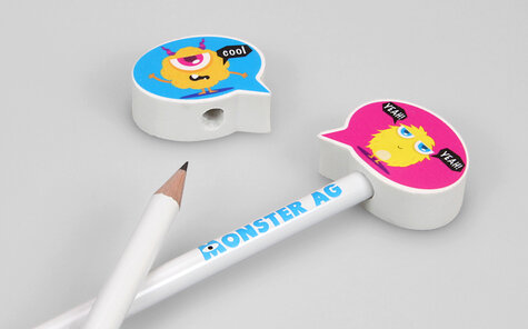 Speach bubble eraser topper for pencils with monster imprint