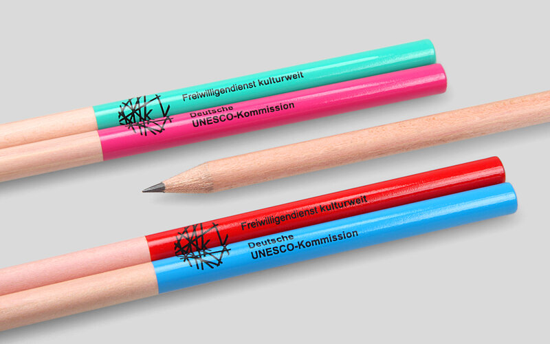 round natural pencil with long lacquered cap with imprint