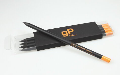 packaging with imprint on the cardboard and black pencils with lacquered cap and imprint