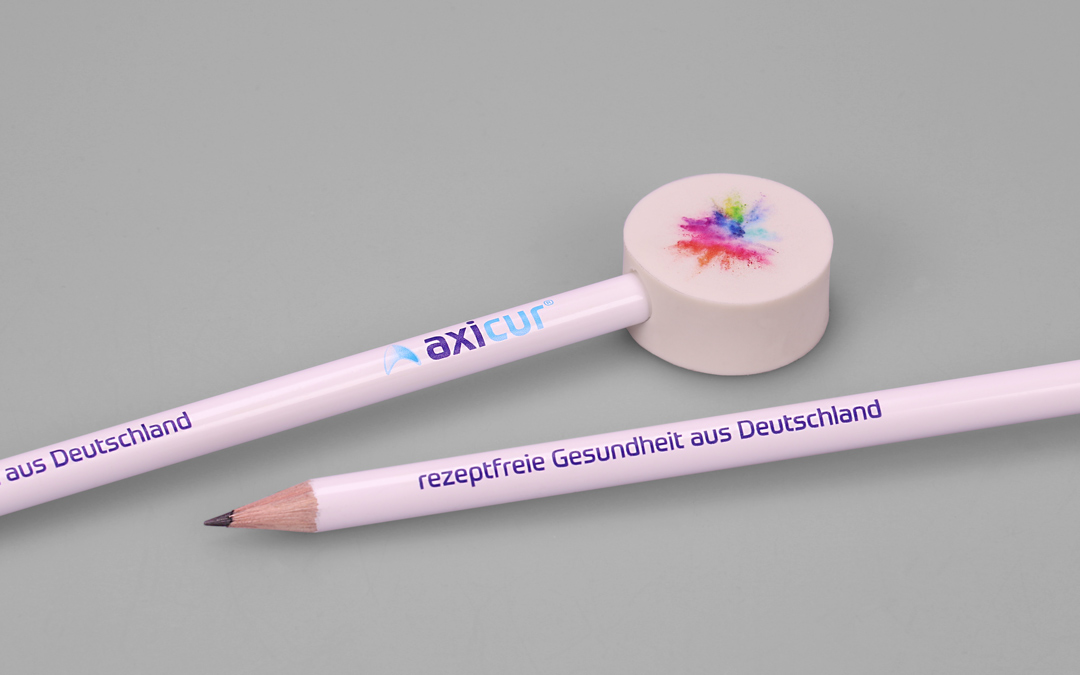 round eraser pencil topper with colorful motif on white lacquered pencil