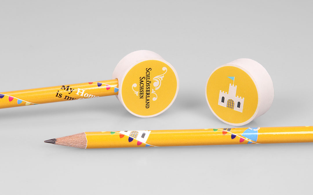 pentil with foil transfer print and round eraser topper