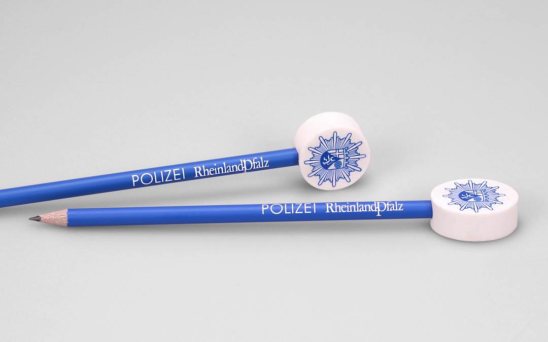 round and oval pencil eraser topper on blue matt lacquered pencil